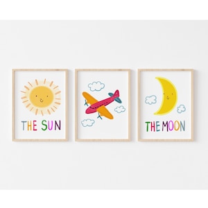 Le trio parfait : le soleil, la lune et la pluie, ensembles de reproductions d'art pour enfants