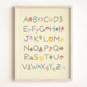 Impression alphabet illustrée pour les tout-petits, ABC en anglais pour les chambres d'enfants et les crèches, aquarelle minimaliste, affiche éducative Montessori