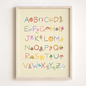 Illustriertes Alphabet für Kleinkinder, ABC für Kinderzimmer und Kinderzimmer, buntes Aquarell Wanddekor, Lernposter, Montessori