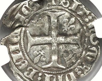 1380-1422 n.Chr. Middeleeuws Frankrijk onder Karel VI, kruisvaarder Ridderkruis, zilveren munt uit de middeleeuwen, geschenken zeldzame historische artefactmunten