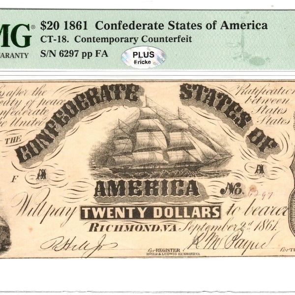 1861 Confederate States of America Civil War 20 Dollars Banknote "Contemporary Counterfeit" Ship Antique Currency Paper Money American Note
