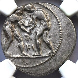 380-325 BC Ancient Greek Stater Wrestlers and Slinger Antique Silver Coin of Greece, Authenticated Certified gift gifts