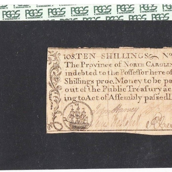 1771 Colonial North Carolina 10 Shillings Authenticated Note, Rare Antique Old United States Currency Paper Money Bill Banknote