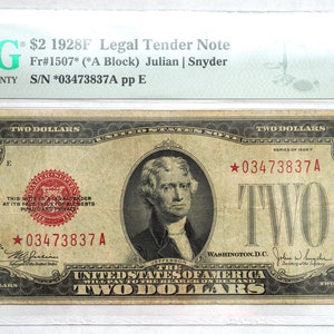 Serie 1928 F STAR Grande Sigillo Rosso Jefferson Due Banconota da 2 Dollari USA Autenticata Carta Moneta Americana Antica, Regali Banconote da Collezione Rare