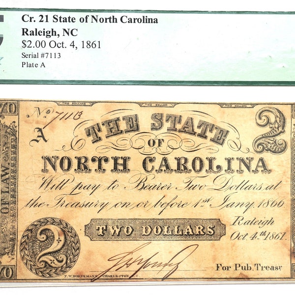 1861 US North Carolina Civil War 2 Two Dollar Bill Banknote, Antique American Currency Collectible Paper Money Note, Authenticated