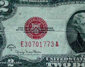 Series 1928 Big Red Seal Two 2 Dollar US Note Old Paper Money