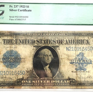 1923 US One 1 Dollar Bill Note Old Currency Paper Money George Washington Silver Certificate Authenticated, Fr. 237 Tin Can Hoard