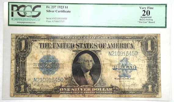 1923 US One 1 Dollar Bill Note Old Currency Paper Money George Washington  Silver Certificate Authenticated, Fr. 237 Tin Can Hoard