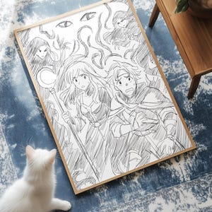 Könnte beinhalten: Gerahmte Schwarz-Weiß-Illustration mit Anime-Charakteren in einer Fantasy-Szene. Das Kunstwerk zeigt eine Gruppe von Personen mit besorgten Ausdrücken, eine Figur hält einen Stab. Der Rahmen ist hellbraun. Eine weiße Katze ist im Vordergrund.