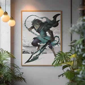 May include: Framed artwork featuring a dynamic illustration of a character in action. The character, clad in teal and black attire, wields a large sword and chain. The background depicts a grayscale landscape with clouds. The artwork is encased in a wooden frame.