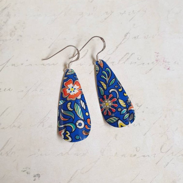 Blue 1950s Vintage Tin Teardrop Earrings - ScattyBun - 10th Anniversary - Gifts Under 30  - Birthday -  Mother's Day - Upcycled Jewellery