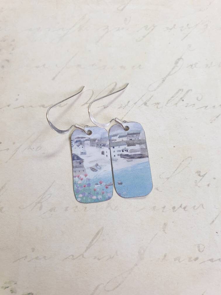 Recycled Tin Harbour Earrings: Coastal Scene, Sterling Silver Hooks