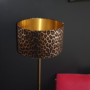 Velvet Leopard Print Drum Lampshade with Brushed Gold Lining