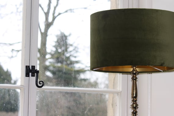 Olive Green Velvet lampshade with brushed gold mirror copper or coloured cotton lining Olive Green Velvet lampshade with brushed gold mirror copper or coloured cotton lining