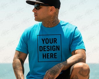 Bella Canvas 3001 gemêleerd aqua-t-shirtmodel | 3001 mock-up aquablauw overhemd | T-shirtmodel mock | AQU1