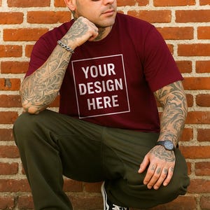 Bella Canvas 3001 Maroon Tshirt Mockup | 3001 Maroon T-shirt Mockup |  Model Mock |  Maroon Bella Canvas Shirt Mock MRN4