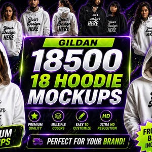 May include: Promotional image featuring multiple people wearing white and black hoodies. The image highlights "Gildan 18500 18 Hoodie Mockups" with text "Your Design Here". Additional text includes "Premium Mockups" and "Perfect for Your Brand!"