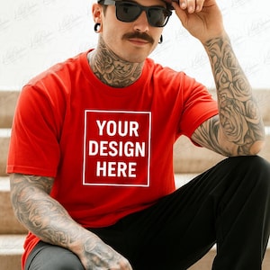 Red Bella Canvas 3001 Mockup, Red Tshirt Mockup, 3001 Red Shirt Mockup, Fall Model Mockup, Red Tee Mockup, Red T-Shirt Mockup RED4