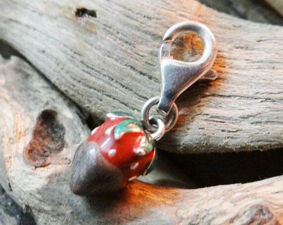 RARE Sterling Silver stamped .925 925 Strawberry Charm Chocolate dipped with lobster clasp clip enamel enameled Valentines Day Date Love
