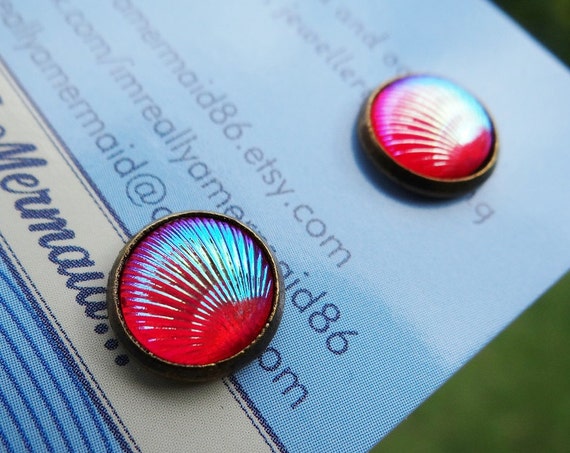 Pink / Red AB Clamshell Stud Earrings Studs Mermaid Tiny Little Clam Shell Seashell Tail Scale Scales Iridescent Earring Aura