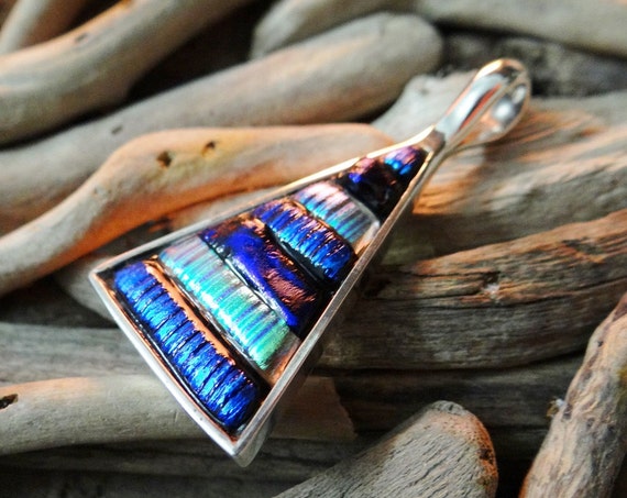 Sterling Silver .925 Pendant Dichroic Glass Fused Glass Triangle Geometric Vintage Pyramid Necklace Blue Iridescent Opal Opalescent Aura