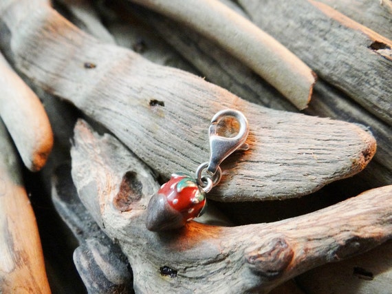 RARE Sterling Silver stamped .925 925 Strawberry Charm Chocolate dipped with lobster clasp clip enamel enameled Valentines Day Date Love