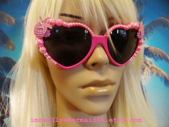Pink Heart Shaped I'm Really A MERMAID Sunglasses with little pearls Sun Glasses Sunnies Wayfarers Aviators Sea Ocean Nautical Pinup A015