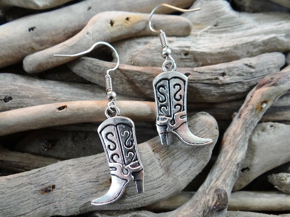 Cowboy Cowgirl Boot Earrings Boots Cow Boy Girl Rodeo Bullriding Horse Bull Riding Country and Western Wild West Earring Hooks Silver Toned