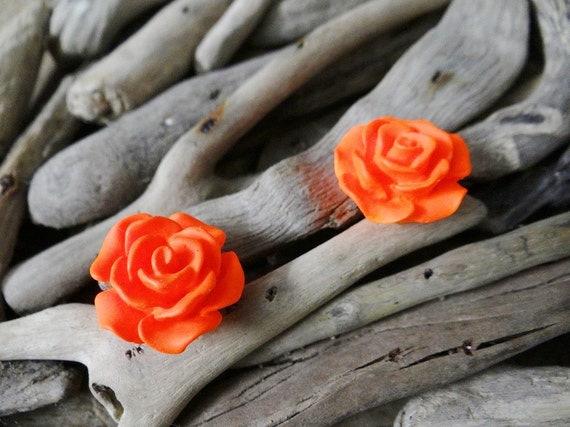 Orange UV Neon Fluoro Rose Studs Stud Earring Earrings Flower Fluro Fluorescent Fluoroscent Ultraviolet Cabochon Cabochons Flatback