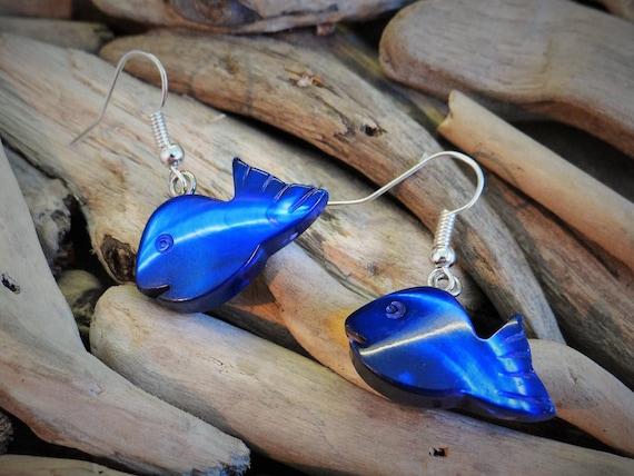 Blue Mother Of Pearl MOP Hand Carved Shell Seashell Fish Earrings Ear Rings Dangle Drop Hooks Mermaid Dyed
