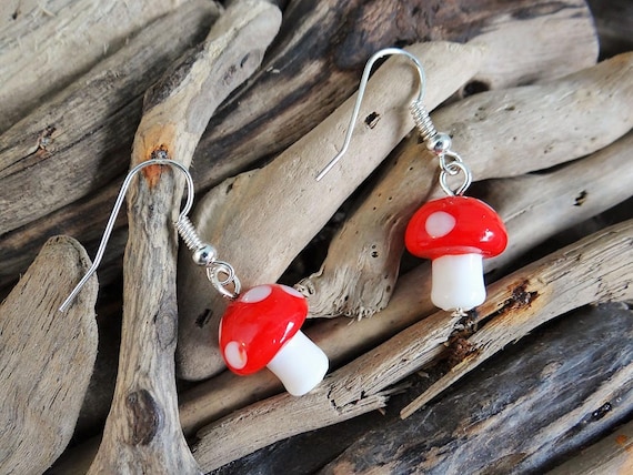 Lampwork Glass Fairy Mushroom Toadstool Earrings Fairies Fae Toad Stool Elf Elves Pixies Magic Magical Faery Earring Ear Ring Rings