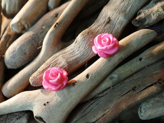 Pink UV Neon Fluoro Rose Studs Stud Earring Earrings Flower Fluro Fluorescent Fluoroscent Ultraviolet Flatback Cabochon