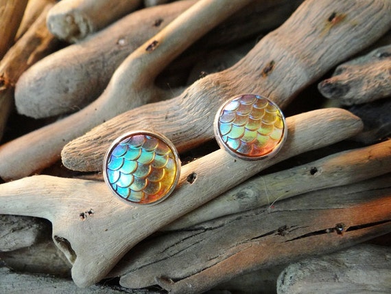 Amber Golden Orange Dragon Mermaid Tail Scales Little Small Scale Dragons Iridescent Studs Stud Earring Earrings