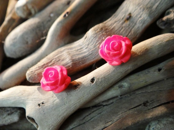 Watermelon UV Neon Fluoro Rose Studs Stud Earring Earrings Flower Fluro Fluorescent Fluoroscent Ultraviolet Pink Red Tomato Flatback