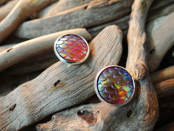Red I'm Really A Mermaid Scales Small Little Scale Tail Dragon Dragons Iridescent Studs Stud Earring Earrings Fantasy Festival