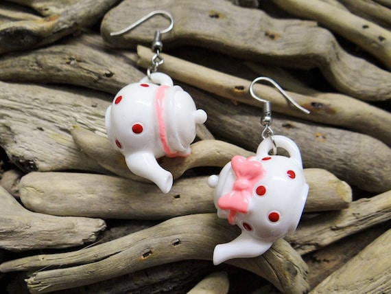 Polka Dot Spotty Teapot Earrings Tea Party China Kettle Tea Pot Devonshire Tea Kitsch Kawaii Festival