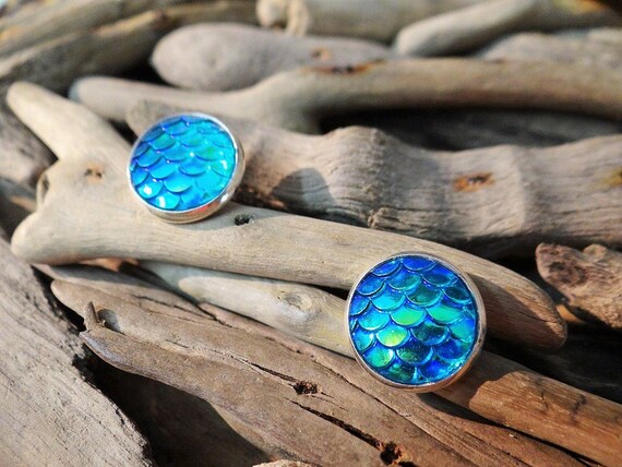 Aqua Turquoise Teal Mermaid Tail Scale Scales Dragon Dragons Iridescent Studs Stud Earring Earrings