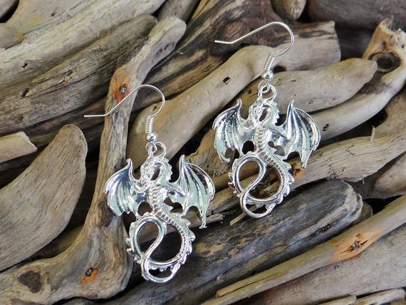 Bright Silver Dragon Earrings Goth Gothic Pagan Fantasy Chinese New Year