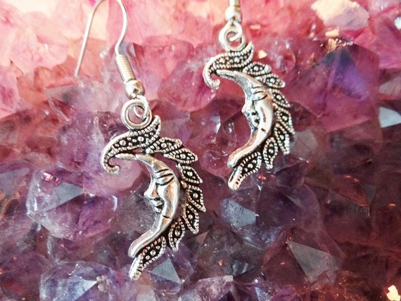 Moon Face Crescent Earring Earrings Ear Ring Rings Drops Drop Dangle Dangles Pagan Wiccan Wicca Spiritual Protection Witch Witchcraft Magick