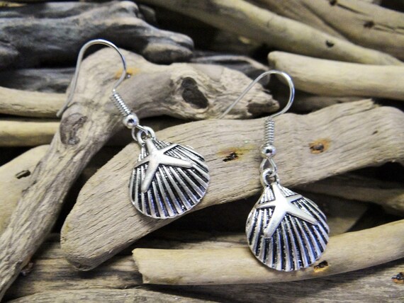 AHOY Nautical Shell Seashell Little Clam Starfish Earrings Clamshell Fan Silver Sailor Pinup Mermaid Dangle Hooks Beach