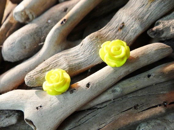 Yellow UV Neon Fluoro Rose Studs Stud Earring Earrings Flower Fluro Fluorescent Fluoroscent Ultraviolet Flatback Cabochon