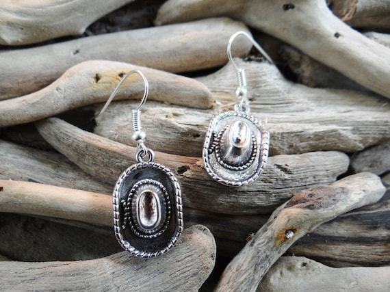 Cowboy Cowgirl Hat Hats Earrings Cow Boy Girl Rodeo Bullriding Horse Bull Riding Country Western Wild West Earring Hooks Silver Toned