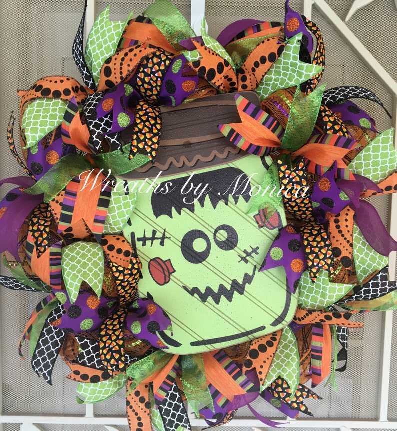 Deco Mesh Halloween Frankenstein Wreath Frankenstein Wreath Halloween Wreath Halloween Decor Front Door Decor Trick Or Treat Wreath