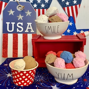 fake bakes, patriotic decor, fake ice cream  decor,  ice cream cups, summer decor , tiered tray decor, fake ice cream scoops.