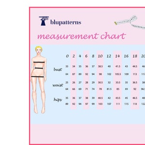 May include: A measurement chart for clothing sizes with a woman's illustration. The chart shows bust, waist, and hip measurements in inches and centimeters for sizes 0 to 22.