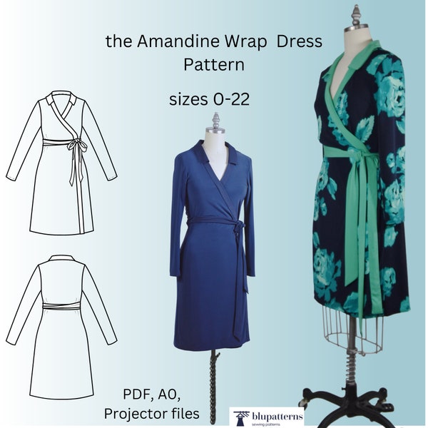 Amandine Ladies Wrap-Around Dress Sewing Pattern-PDF dress pattern-A0 File Pattern-Projector File Pattern 0-22