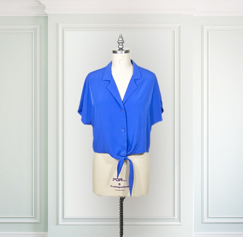 May include: A blue silk blouse with a tie front and short sleeves. The blouse is on a white dress form.