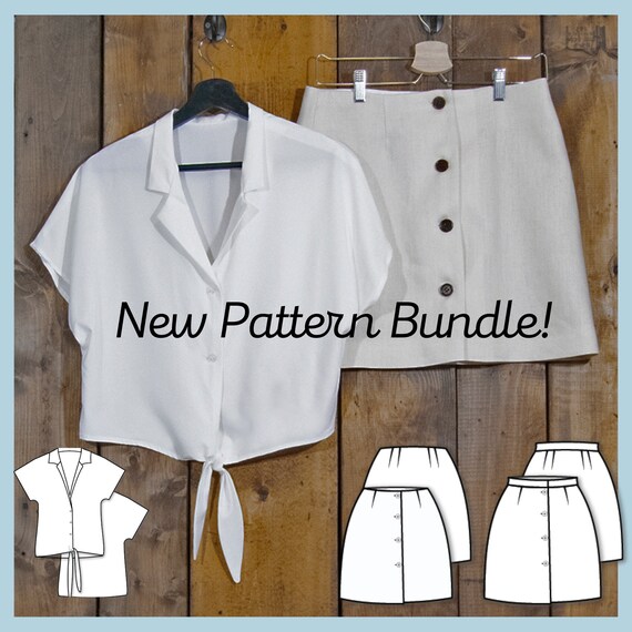 Button-Front Skirt & Tie-Bouse Pattern Bundle-PDF-Projector File, A0 files, sizes 0-22