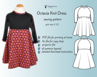 Octavia Girls Easy Knit Dress Pattern-PDF Pattern-A0 File Pattern-Projector file Pattern