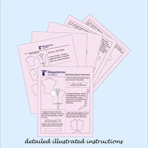 May include: A set of pink and white sewing pattern instructions for a blouse. The instructions include detailed illustrations and text for each step of the sewing process. The text includes "206 Emberly Blouse Instructions" and "detailed illustrated instructions".